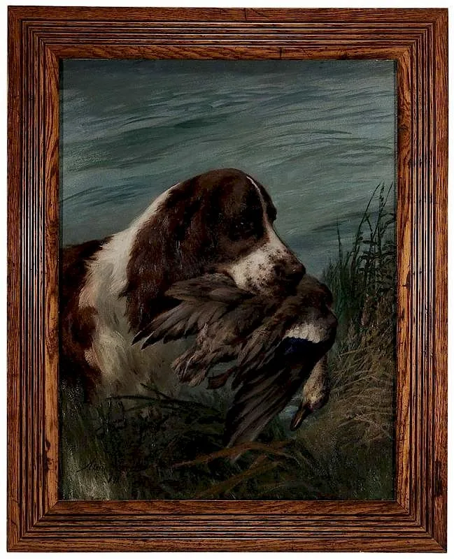 Spaniel Retrieving a Duck by Maud Earl, 1898, oil on fiber board, sold May 2016