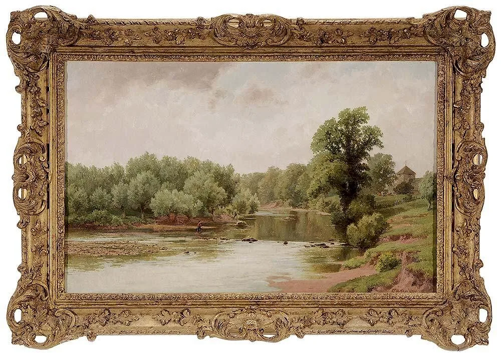 Samuel Henry Baker, At Little Hereford, fisherman in a river, oil on canvas