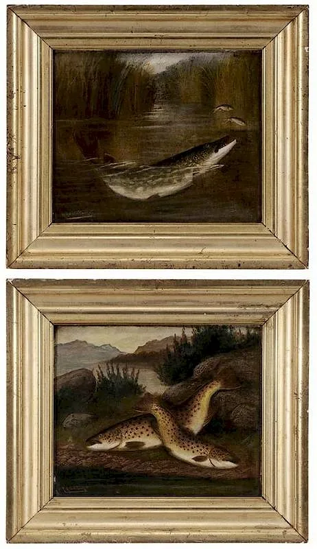 Two fishing scenes titled verso: Two to one on Jack and the other indistinctly titled with two trout by A. Roland Knight, oil on canvas, sold May 2016