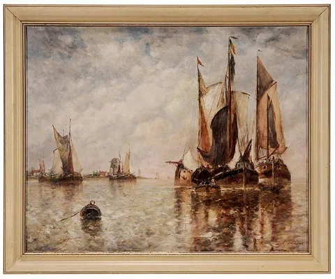Paul Jean Clays, Moored Boats, oil on canvas