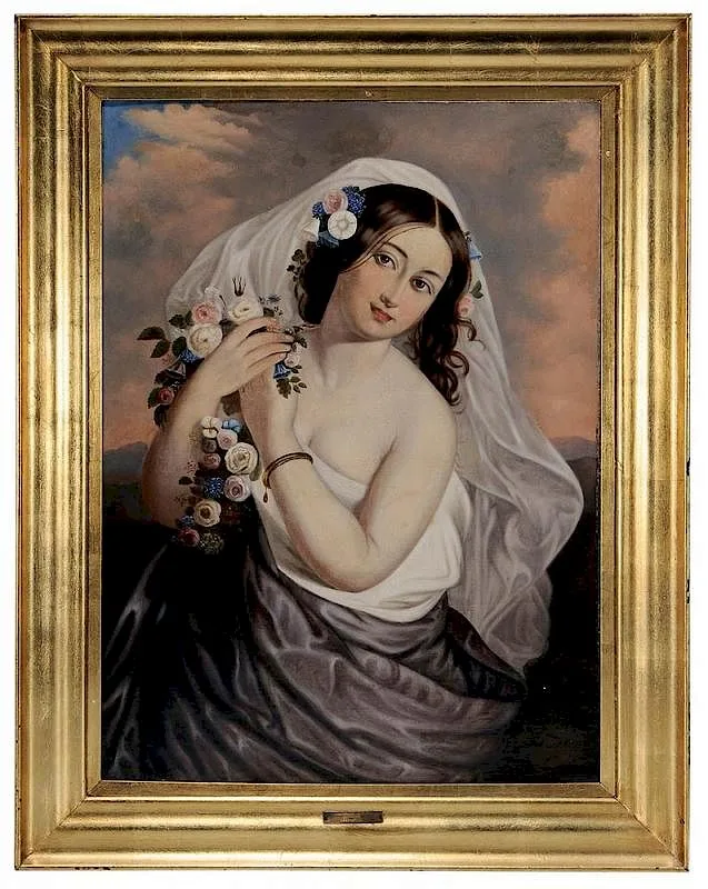 Istvan Szkicsak, Young Beauty with a Garland of Flowers, oil on canvas
