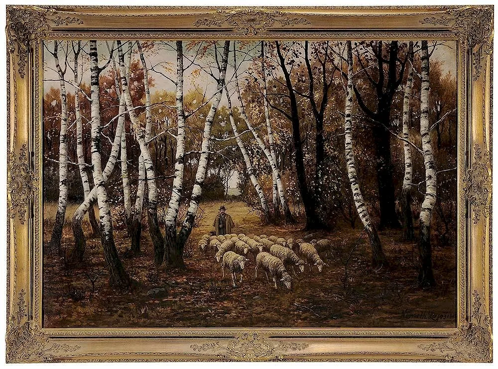 Lajos Németh, Shepherd and Sheep on a Birch-Lined Path, oil on canvas
