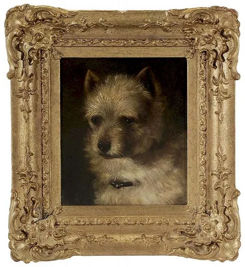 Head Study of a White Terrier, wearing a collar by Thomas Earl, oil on artist board with "Ackerman...London" colourman label, sold May 2016