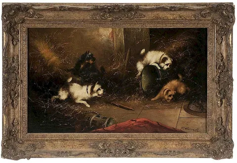 Frank Cassell, Terriers Ratting, oil on canvas