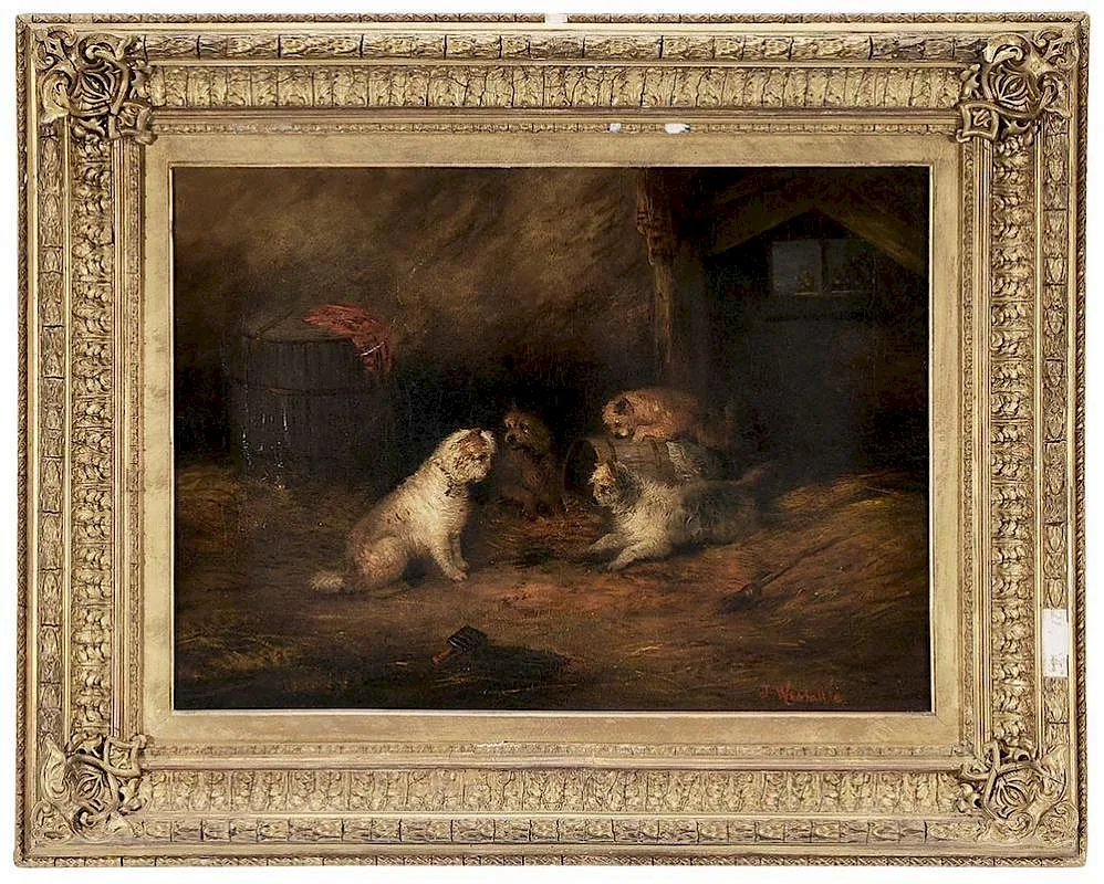 J. Westall, Terriers Ratting in a Barn, oil on canvas