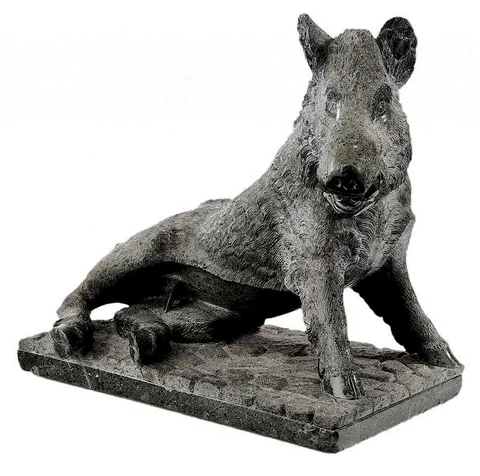 Pietro Tacca, 20th century, "Porcellino, carved stone figure of boar is seated on a green marble base
