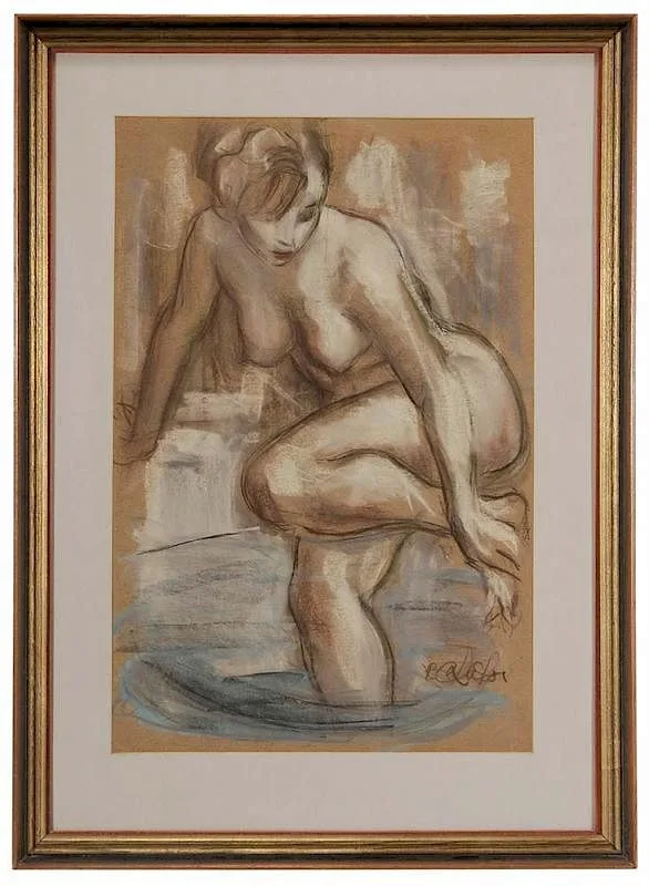 R. Calafor, Nude Bathing, crayon on brown paper