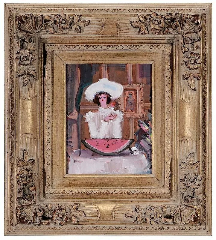 Woman with Watermelon Slice by Creason Clayton, oil on canvas board, sold May 2016
