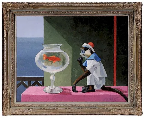 Vincente Viudes, Contemplation Between a Monkey and Goldfish, 1963, oil on canvas