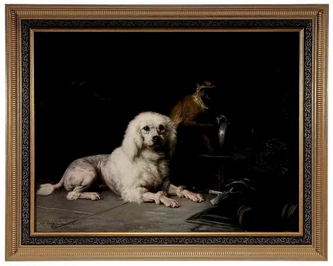 Eugène Lambert, Firm Friends, a poodle and monkey with a crumpled military uniform, circa 1880, oil on canvas