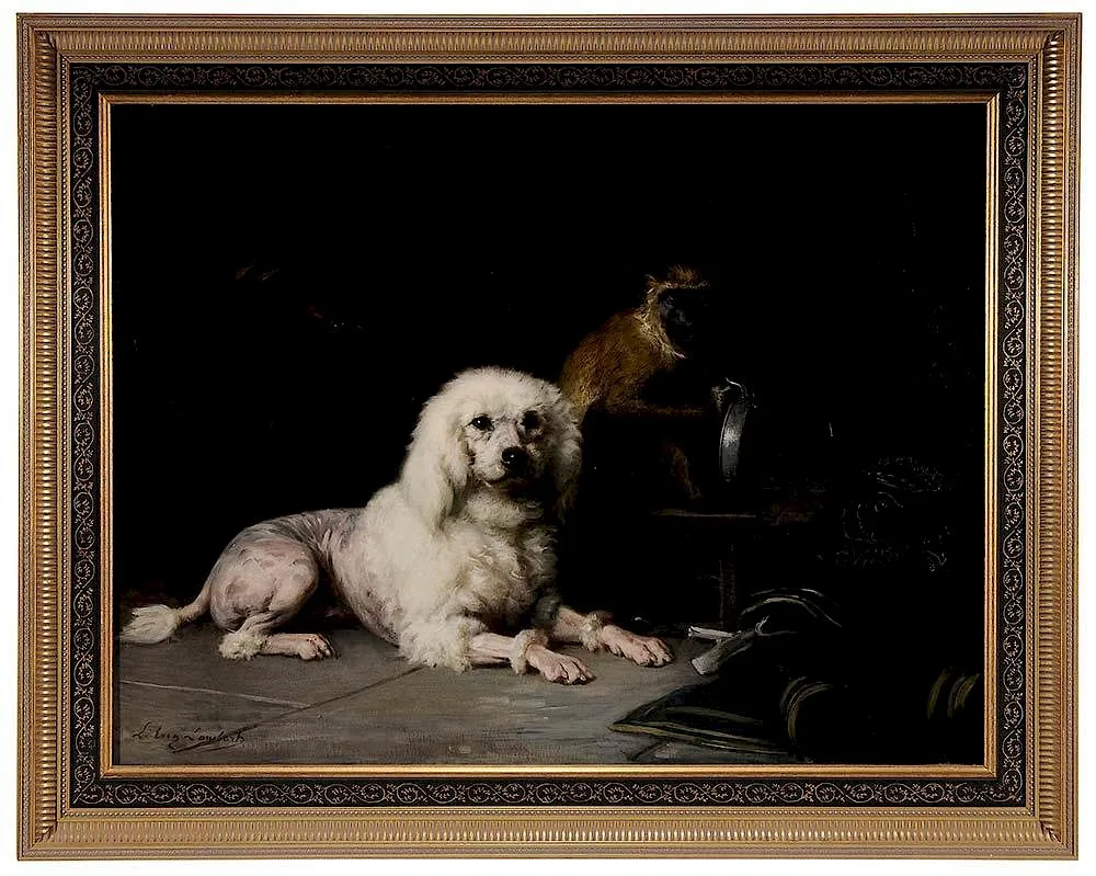 Eugène Lambert, Firm Friends, a poodle and monkey with a crumpled military uniform, circa 1880, oil on canvas
