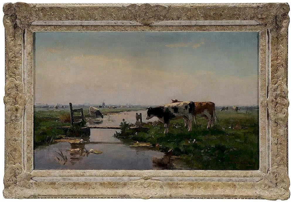 Bernard van Beek, Pastoral Landscape with Cows Watering, oil on canvas