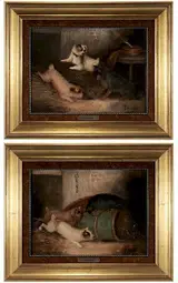 George Armfield, A pair of barn scenes with Terriers: Ratting Around a Barrel and Curiosity