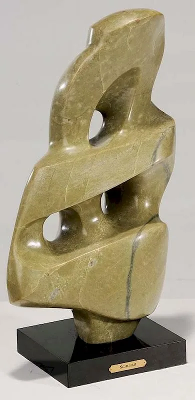 Abstract by Hans Martin Schleeh, carved [Usak Yesil] green marble with a black granite base, sold Apr 2016