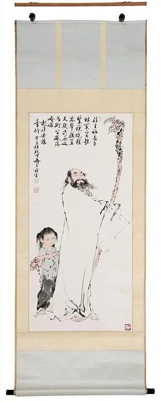 Fan Zeng, Figure of a blissful elderly man and his young attendant, watercolor and ink on paper