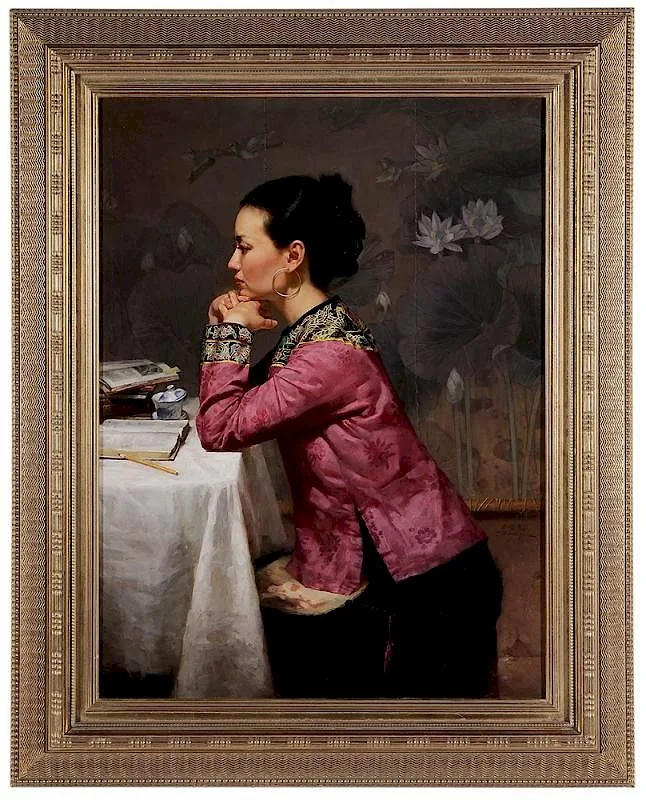 Jeannie with Love Birds by Jie Wei Zhou, oil on canvas, sold Mar 2016