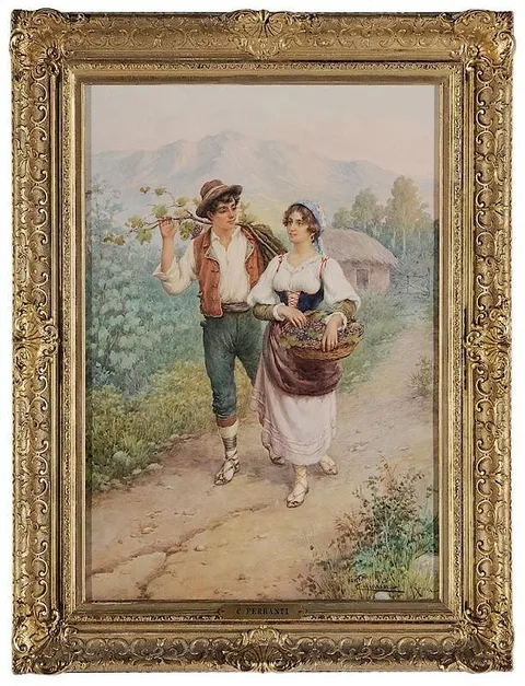 Carlo Ferranti, Two Italians on a Mountain Path, watercolor on paper