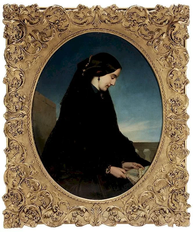 Valeriano Bécquer, Spanish Woman in Profile, holding fan, oil on canvas
