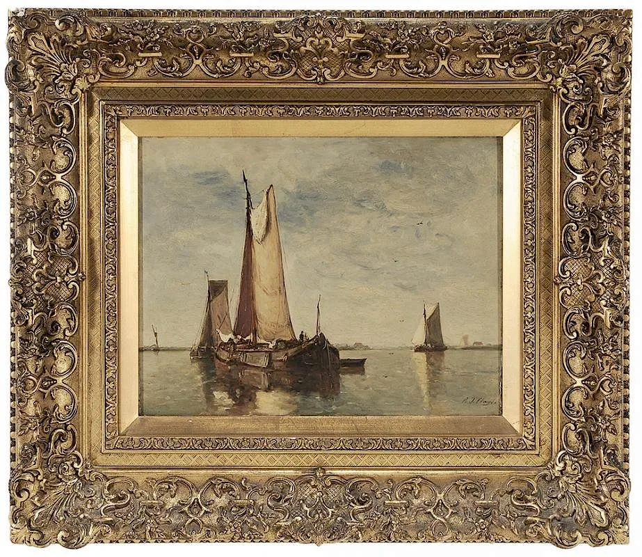 Paul Jean Clays, Boats Moored in an Inlet, oil on panel