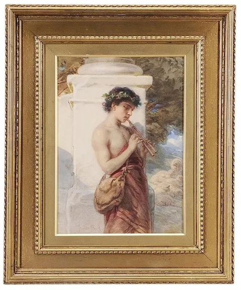 Guido Bach, Shepherd Playing Pipes, possibly the young David, watercolor on paper