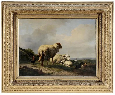 Eugène Verboeckhoven, Sheep and Chickens in a Pastoral Landscape, 1860, oil on panel