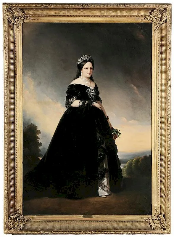 Elisa Bourdier, Full portrait of a lady, wearing a pair of portrait miniature bracelets, pearl necklace and tiara and a black gown, oil on canvas