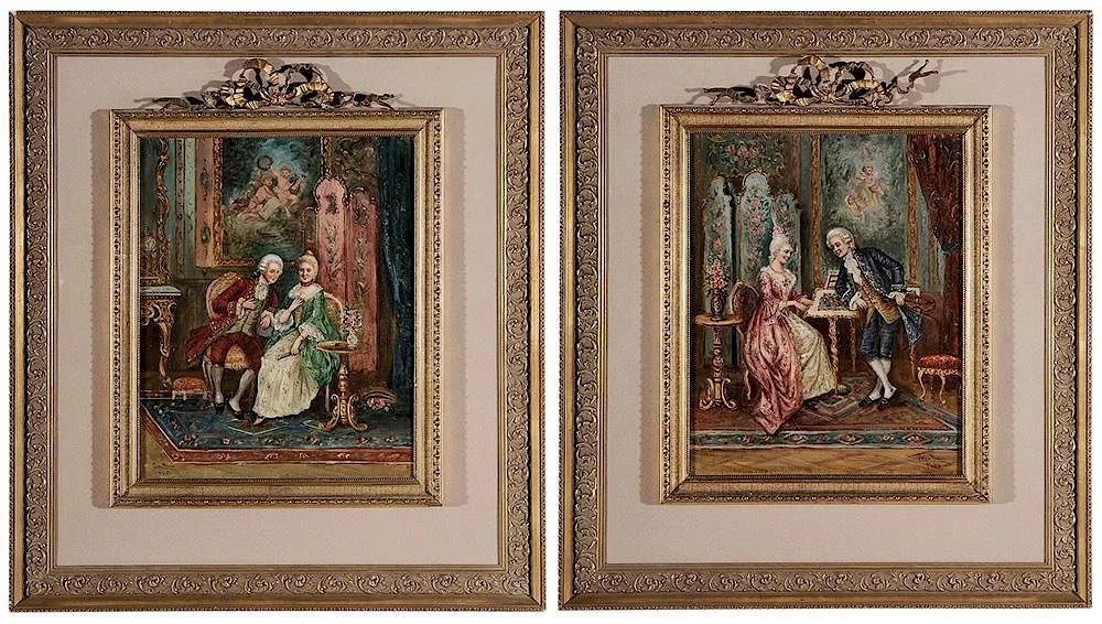 Jean Revou, Pair of Interior Genre Scenes, oil on canvas
