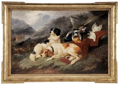 John Gifford, Dogs Resting in a Highland Landscape with Fowl, oil on canvas