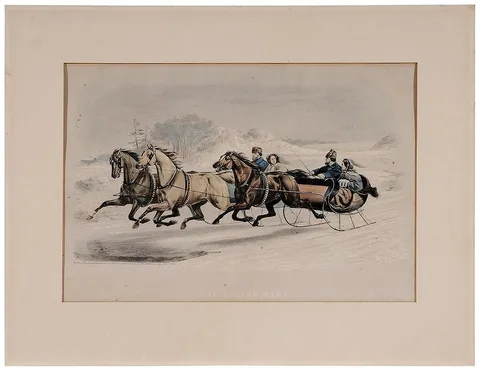 The Sleigh Race by Currier & Ives, 1859, heightened with gum arabic on paper, sold Mar 2016