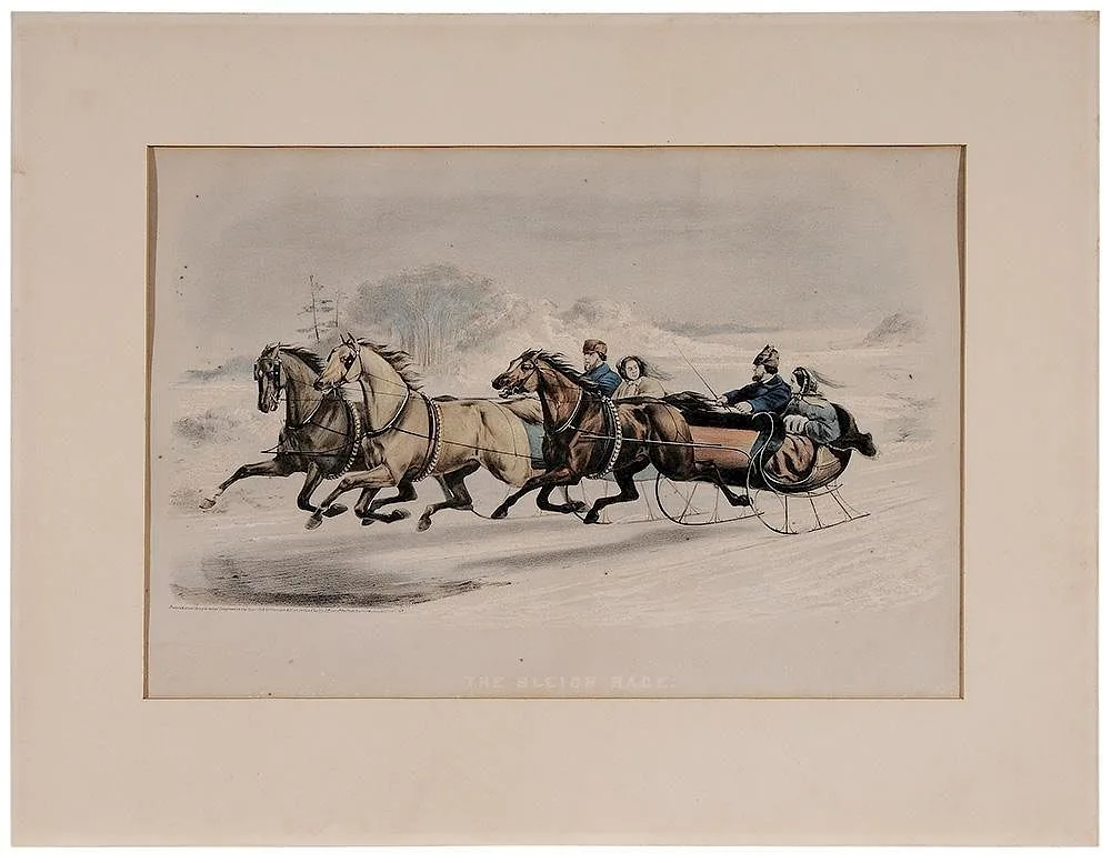 The Sleigh Race by Currier & Ives, 1859, heightened with gum arabic on paper, sold Mar 2016