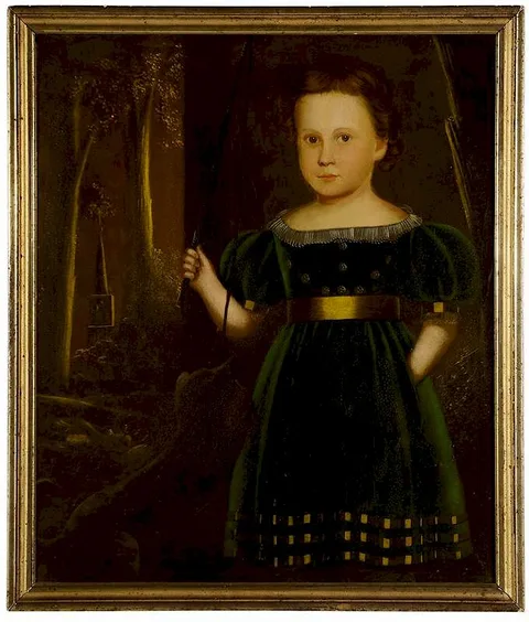 John Samuel Blunt, A Rare Portrait of a Boy, wearing green velvet dress with gold sash, sleeve bands and playing with a dog and crop, circa 1830-35, oil on canvas