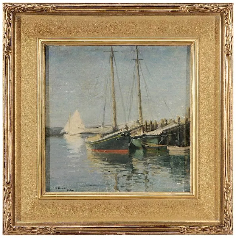 William Norton and Studio, Sailboats at Dock, oil on canvas