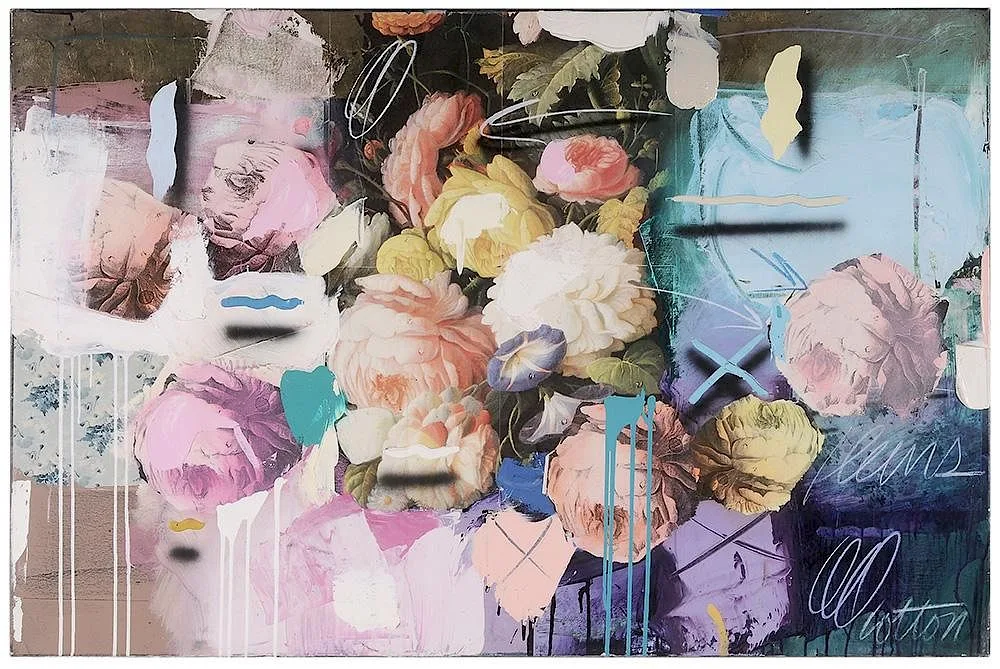[Fleurs] by Will Cotton, mixed media collage on canvas, sold Jan 2016