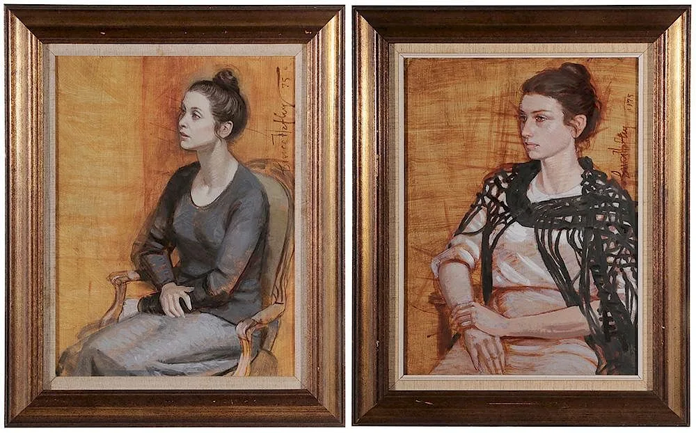 Bruce Hafley, Two portraits of women facing left, 1975, tempera on Masonite