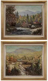 A pair of autumn landscapes with covered bridges, Brunk Auctions 2016