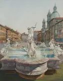 Bert Ameche, Fountain of Neptune, Piazza Navona, watercolor on paper
