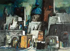 Robert E. Wood, Townscape, oil on masonite