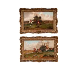 Ada Stone, Two Works (Hunt Scenes), "In Full Cry" and "Breaking Cover"; each: oil on canvas each