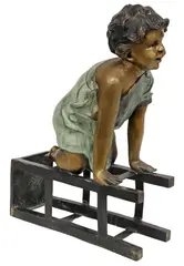 Juan Clara, Child on Stool, Large verdigris patinated bronze garden sculpture
