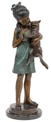 August Moreau, Fille au Chat (Girl with Cat), Verdigris patinated bronze sculpture