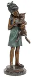 August Moreau, Fille au Chat (Girl with Cat), Verdigris patinated bronze sculpture