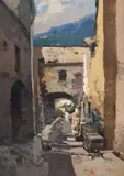 Ezelino Briante, Impressionist Napoli Street Scene, oil on Masonite