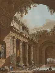 Peter Rotier, Capriccio Scene with Italian Ruins, watercolor painting on paper