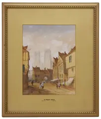 Samuel Prout, Street Scene with Cathedral, watercolor on paper