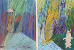 Sylvia Lark, Two Views of Paul W., oil pastel diptych with collage on paper