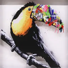 Martin Whatson, Graffiti Toucan, screenprint in colors with hand-embellishment on plexiglass
