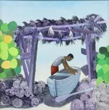 Charles Long, Man Docking Row Boat Under a Thatched Shelter, acrylic on Masonite board