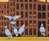 Herbert Richard Mears, The Blue Pigeons, silkscreen print in colors on paper