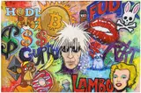 Cindy Higby, Pop Art Composition with Portraits of Andy Warhol and Marilyn Monroe, acrylic painting with mixed media on canvas board