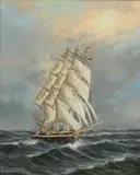 Gunter Seekatz, Three-masted Ship on Rough Waters, oil on canvas